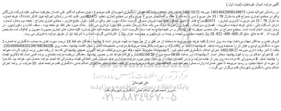 مزایده غرفه واقع در مجتمع تجاری به متراژ 79 / 33 متر مربع 