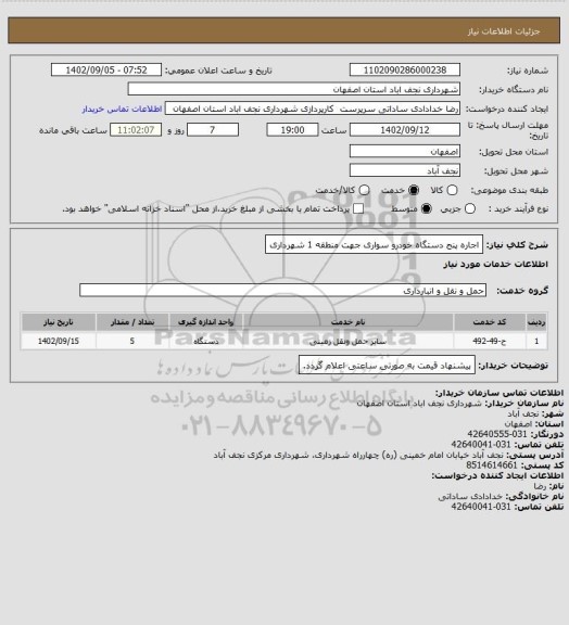 استعلام اجاره پنج دستگاه خودرو سواری جهت منطقه 1 شهرداری
