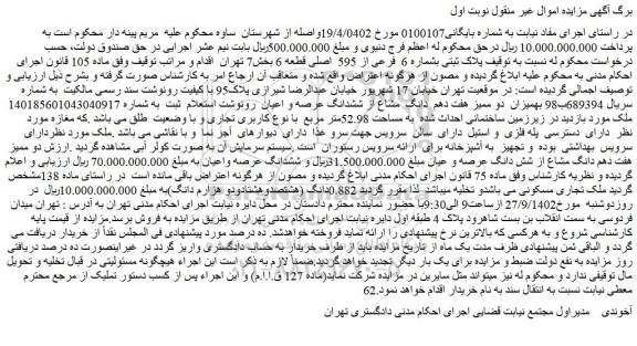 مزایده فروش پلاک ثبتی بشماره 6 فرعی از 595 اصلی قطعه 6