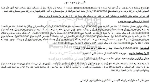 مزایده فروش 1-رینگ موتور نیسان به تعداد 10 عدد و...
