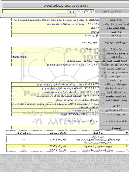مناقصه, نصب ۲۰۰۰ عدد کنتور و رگلاتور در سطح شهرستان چالوس و هچیرود با اولویت مرزن آباد-تجدید مناقصه