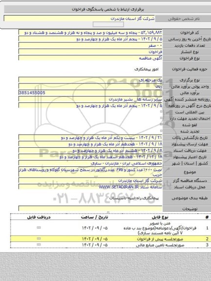 مناقصه, نصب ۱۰۰۰عدد کنتور و ۶۷۵ عدد رگلاتور در سطح شهرستان گلوکاه و روستاهای هزار جریب