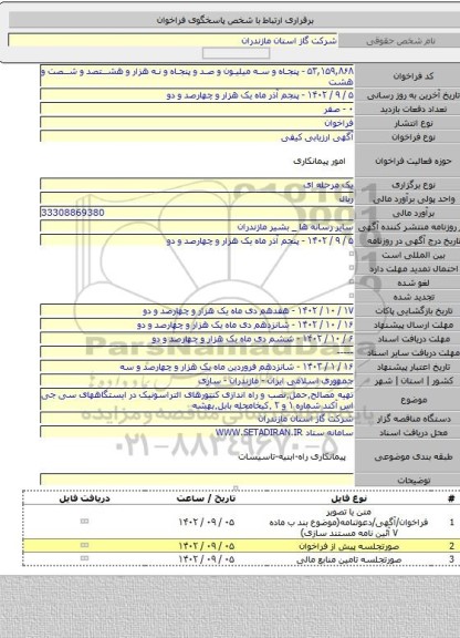 مناقصه, تهیه مصالح٬حمل٬نصب و راه اندازی کنتورهای التراسونیک در ایستگاههای سی جی اس آکند شماره ۱ و ۲ ٬کیخامحله بابل٬بهشه