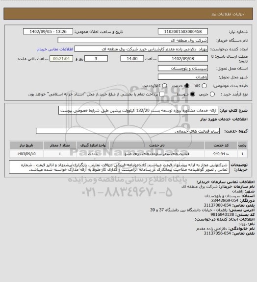 استعلام ارائه خدمات مشاوره پروژه توسعه پست 132/20 کیلوولت پیشین طبق شرایط خصوصی پیوست