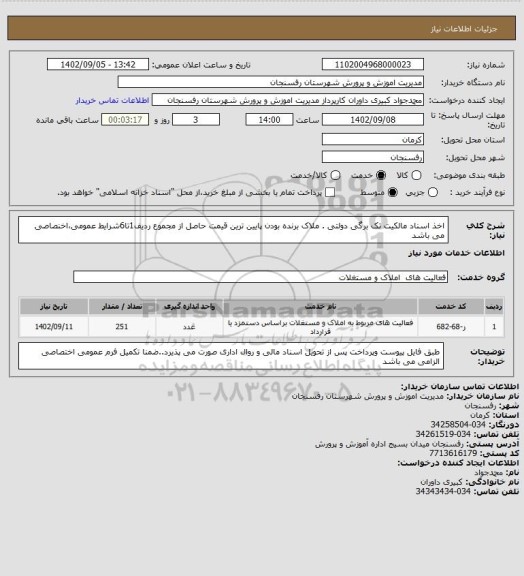 استعلام اخذ اسناد مالکیت تک برگی دولتی .
ملاک برنده بودن پایین ترین قیمت حاصل از مجموع ردیف1تا6شرایط عمومی،اخنصاصی می باشد