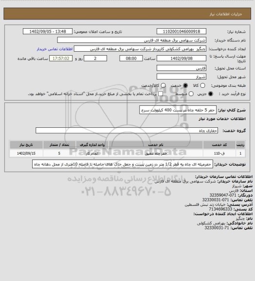 استعلام حفر 5 حلقه چاه در پست 400 کیلوولت سرح