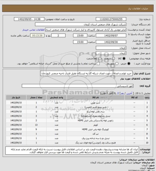 استعلام خرید لوازم و اتصالات جهت اتصال شبکه گاز به ایستگاه تقلیل فشار ناحیه صنعتی کبوترخان
