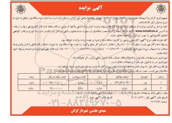 مزایده اجاره دو دستگاه ون - نوبت دوم
