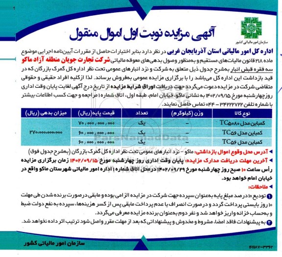 مزایده کمباین مدل TC5080 ...