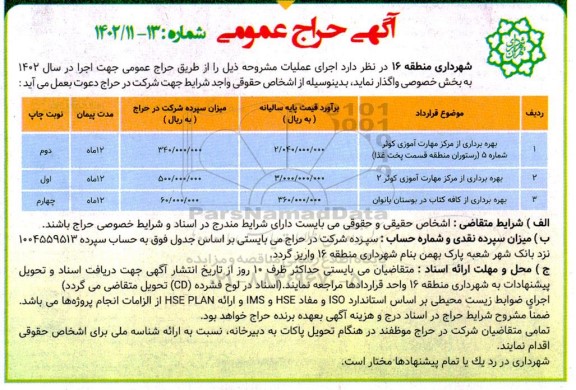 حراج عمومی بهره برداری از مرکز مهارت آموزی کوثر شماره 5...
