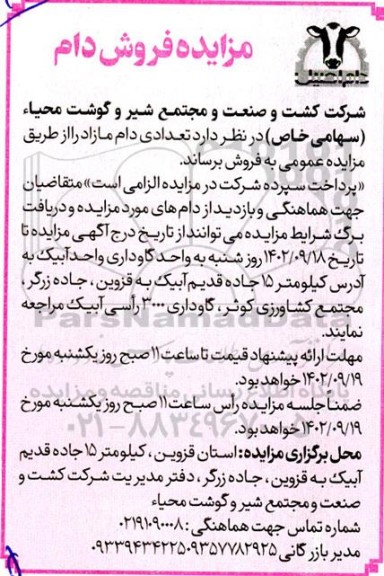 مزایده فروش تعدادی دام مازاد