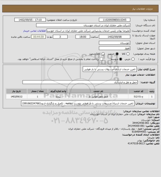 استعلام تامین خدمات ارسال مرسولات پستی با بار هوایی