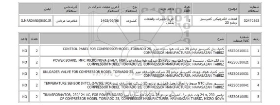 استعلام، قطعات الکترونیکی کمپرسور ترنادو 25