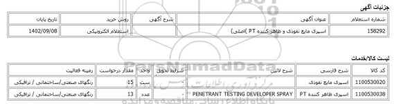 استعلام الکترونیکی، اسپری مایع نفوذی و ظاهر کننده PT )اصلی)