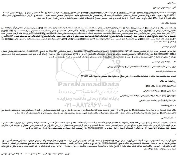 مزایده فروش ششدانگ یک قطعه زمین به مساحت 114/64مترمربع بابنای احداثی درآن