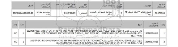 استعلام، شوت کانوایر **زمان تحویل 45 روزه**