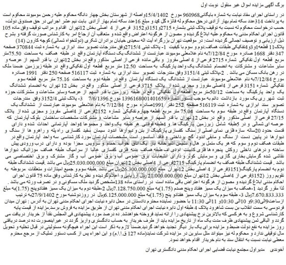 مزایده فروش ششدانگ یک دستگاه آپارتمان