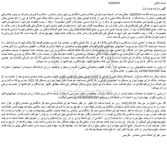 مزایده فروش ششدانگ عرصه و اعیانی منزل مسکونی با پلاک ثبتی 1476 فرعی از 20 اصلی