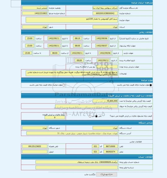 مزایده ، سیم کابل آلومنیومی به مقدار 235کیلو