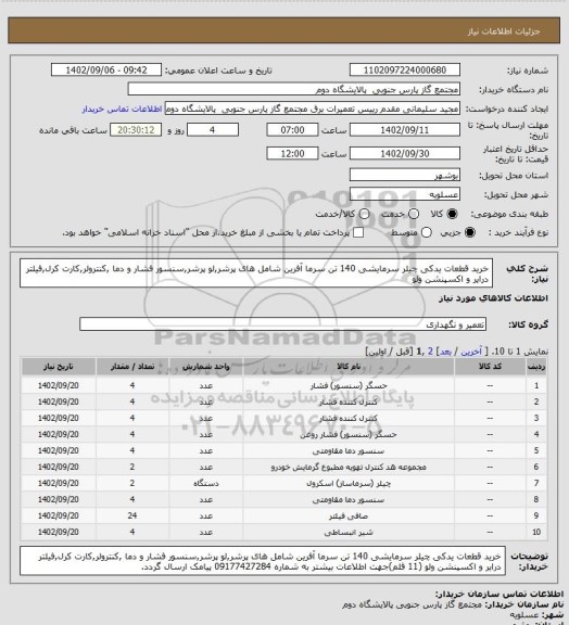 استعلام خرید قطعات یدکی چیلر سرمایشی 140 تن سرما آفرین شامل های پرشر,لو پرشر,سنسور فشار و دما ,کنترولر,کارت کرل,فیلتر درایر و اکسپنشن ولو