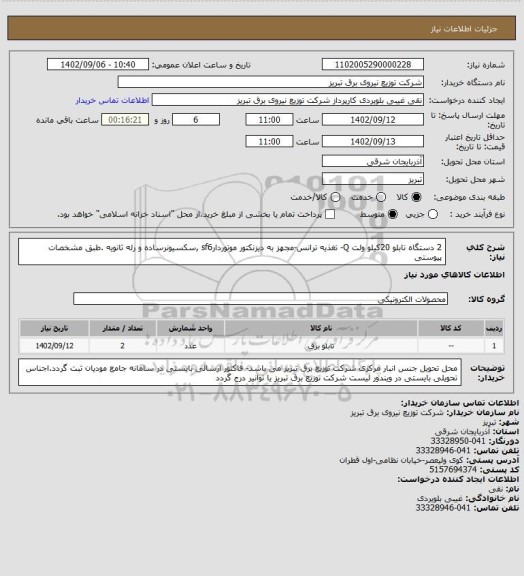 استعلام 2 دستگاه تابلو 20کیلو ولت Q- تغذیه ترانس-مجهز به دیزنکتور موتوردارsf6 ,سکسیونرساده و رله ثانویه .طبق مشخصات پیوستی