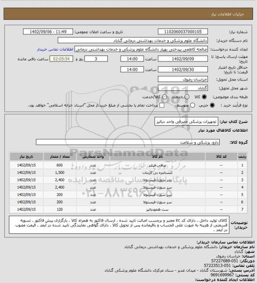 استعلام تجهیزات پزشکی مصرفی واحد دیالیز