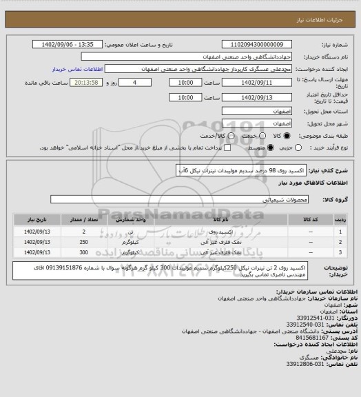 استعلام اکسید روی 98 درصد
سدیم مولیبدات
نیترات نیکل 6آب