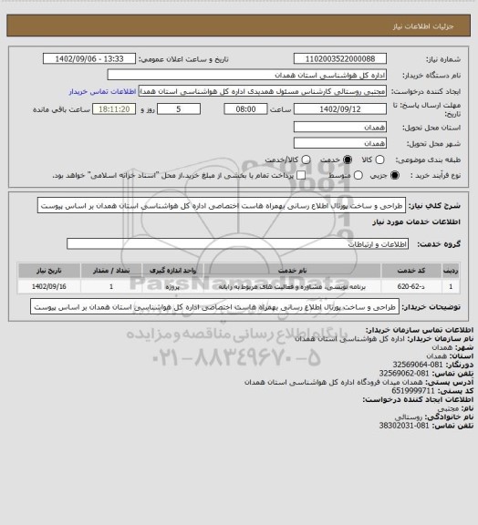 استعلام طراحی و ساخت پورتال اطلاع رسانی بهمراه هاست اختصاصی اداره کل هواشناسی استان همدان بر اساس پیوست