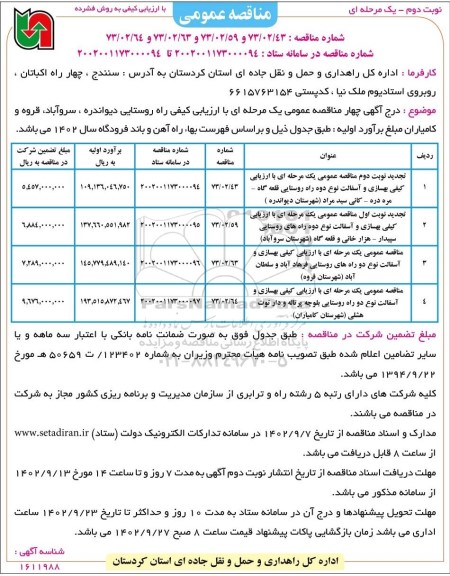 مناقصه بهسازی و آسفالت راه روستایی ...- نوبت دوم