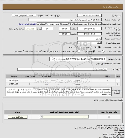 استعلام P/F:ELECTRICAL PANEL MV SWITCHGEAR
2 ردیف برابر با 5 عدد