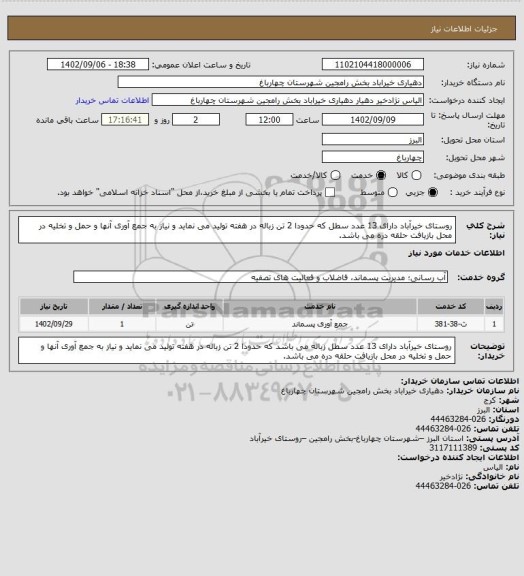 استعلام روستای خیرآباد دارای 13 عدد سطل که حدودا 2 تن زباله در هفته تولید می نماید و نیاز به جمع آوری آنها و حمل و تخلیه در محل بازیافت حلقه دره می باشد.