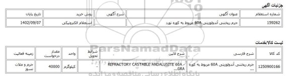 استعلام الکترونیکی، جرم ریختنی آندولوزیتی 60A مربوط به کوره نورد