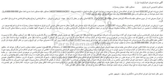 مزایده فروش یک دستگاه آپارتمان خدماتی به پلاک ثبتی 12 فرعی از 6573 اصلی