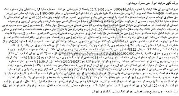 مزایده فروش سرقفلی یک واحد تجاری