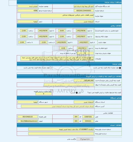 مزایده ، فروش قطعات داغی بازیافتی خودروهای تصادفی