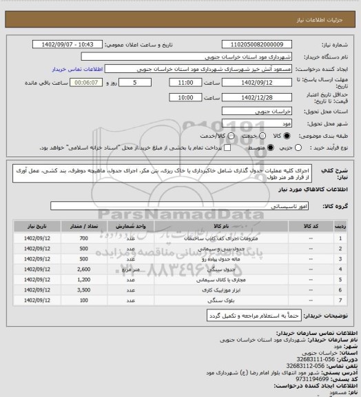استعلام اجرای کلیه عملیات جدول گذاری شامل خاکبرداری یا خاک ریزی، بتن مکر، اجرای جدول، ماهیچه دوطرف، بند کشی، عمل آوری از قرار هر متر طول