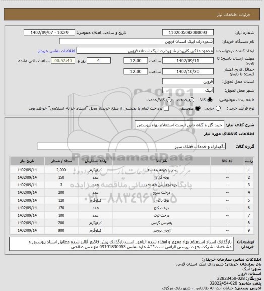 استعلام خرید گل و گیاه طبق لیست استعلام بهاء پیوستی