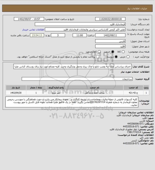 استعلام اجرای زیراساس وتک لبه ونصب تابلو و خاک ریزی وحمل وبارگیری وخرید کلیه مصالح مورد نیاز برای روستای کناس علیا