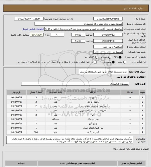 استعلام خرید سیستم اعلام حریق طبق استعلام پیوست