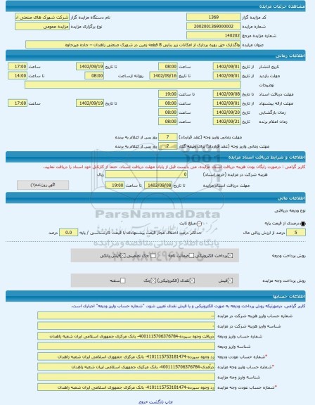 مزایده ، واگذاری حق بهره برداری از امکانات زیر بنایی 8 قطعه زمین در شهرک صنعتی زاهدان – جاده میرجاوه -مزایده زمین و مستحدثات -