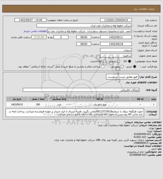 استعلام فیوز مطابق لیست پشوست.