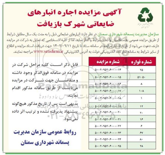 مزایده اجاره انبارهای ضایعاتی