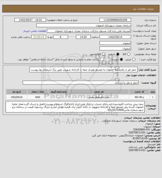 استعلام حمل قیر از پالایشگاه اصفهان به مجتمع تولیدی صفه یا کارخانه شهروند طبق برگ استعلام بها پیوست
