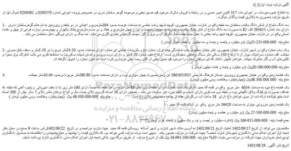 مزایده فروش سه دانگ مشاع از شش دانگ یکباب ساختمان سه طبقه 