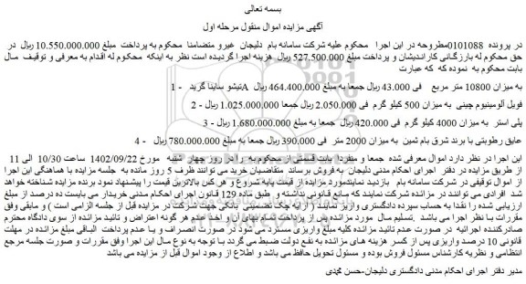 مزایده فروش تیشو ساینا گرید A به میزان 10800 متر مربع و...