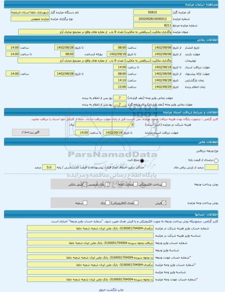 مزایده ، واگذاری مالکیت (سرقفلی به مالکیت) تعداد 9 باب  از مغازه های واقع در مجتمع تجاری آراز -مزایده مغازه(سرقفلی)  - استان آذر