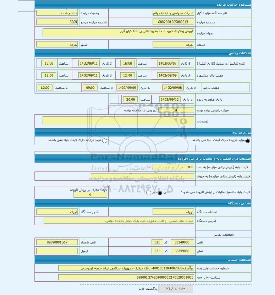 مزایده ، فروش زینکهای خورد شده به وزن تقریبی 400 کیلو گرم