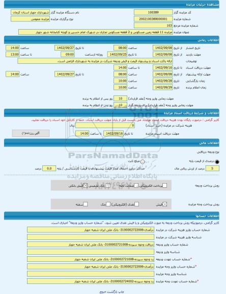 مزایده ، مزایده 11 قطعه زمین مسکونی و 2 قطعه مسکونی تجاری در شهرک امام حسین و کوچه کتابخانه شهر جوپار -مزایده زمین - استان کرما