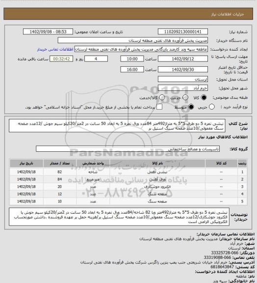 استعلام نبشی نمره 5 دو طرف 5*5 به متراژ492متر 84عدد ورق نمره 5 به ابعاد 50 سانت در 2متر/20کیلو سیم جوش /12عدد صفحه سنگ معمولی/10عدد صفحه سنگ استیل بر