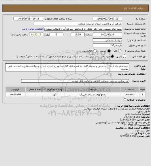 استعلام پروژه حفر چاه آب شرب دستی و حفاری گالری به همراه کول گذاری شهر راز شهرستان راز و جرگلان مطابق مشخصات فنی پیوست